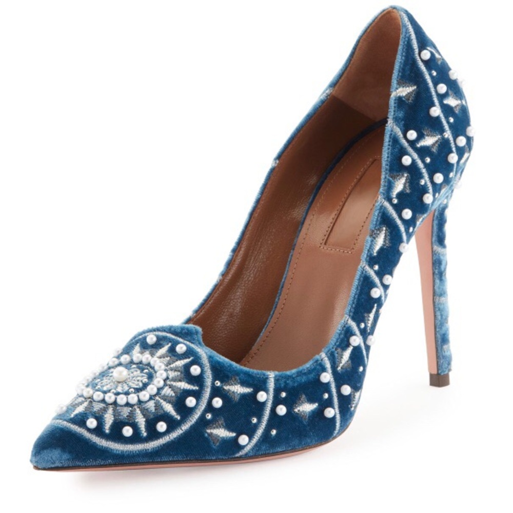 Aquazzura Stellar Pearly-Beaded Velvet Pump- Ocean